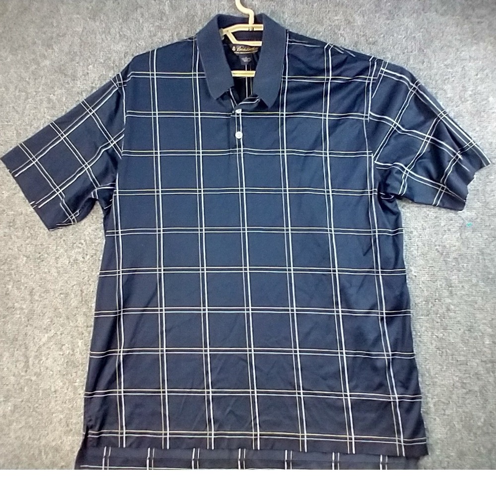 Brooks Brothers Mens Navy Windowpane Double Mercerized Cotton Polo Shirt Medium - Picture 2 of 11